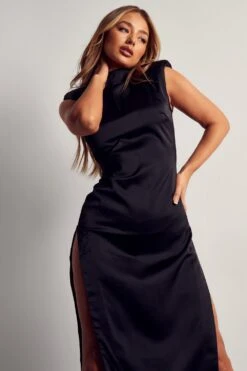 Recycled Satin Sleeveless Split Maxi Dress -Ladies Clothing Shop black recycled satin sleeveless split maxi dress 4