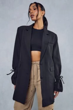 Recycled Tie Cuff Oversized Blazer -Ladies Clothing Shop black recycled tie cuff oversized blazer 4