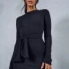 Rib Long Sleeve Tie Waist Mini Dress -Ladies Clothing Shop black rib long sleeve tie waist mini dress