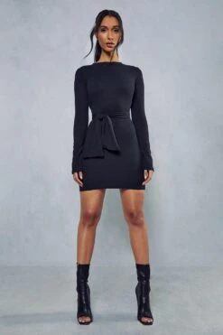 Rib Long Sleeve Tie Waist Mini Dress -Ladies Clothing Shop black rib long sleeve tie waist mini dress 3