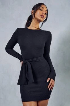 Rib Long Sleeve Tie Waist Mini Dress -Ladies Clothing Shop black rib long sleeve tie waist mini dress 4
