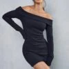 Rib Off The Shoulder Long Sleeve Mini Dress -Ladies Clothing Shop black rib off the shoulder long sleeve mini dress