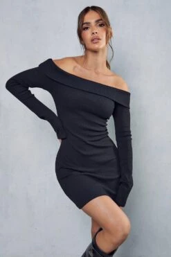 Rib Off The Shoulder Long Sleeve Mini Dress
