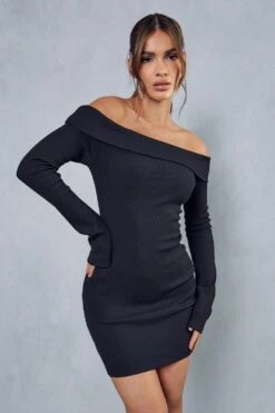 Rib Off The Shoulder Long Sleeve Mini Dress -Ladies Clothing Shop black rib off the shoulder long sleeve mini dress 4