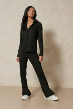 Rib Pleated Flare Trouser