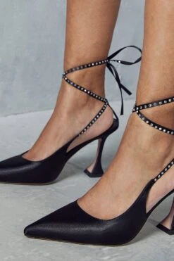 Satin Diamante Tie Up High Heels -Ladies Clothing Shop black satin diamante tie up high heels 1