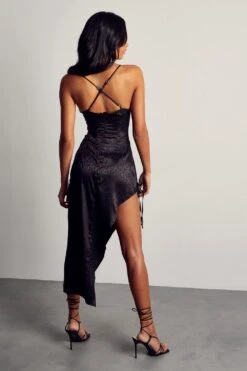 Satin Jacquard Cowl Ruched Midi Dress -Ladies Clothing Shop black satin jacquard cowl ruched midi dress 2