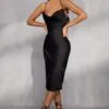 Satin Lace Up Back Midi Dress -Ladies Clothing Shop black satin lace up back midi dress