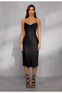 Satin Lace Up Back Midi Dress -Ladies Clothing Shop black satin lace up back midi dress 5