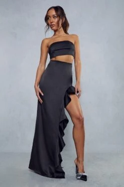 Satin Ruffle Top & Maxi Skirt Co-ord -Ladies Clothing Shop black satin ruffle top maxi skirt co ord 3