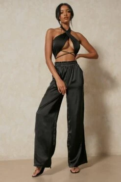 Satin Wide Leg Trouser -Ladies Clothing Shop black satin wide leg trouser 3