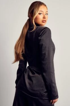 Satin Wrap Drape Detail Blazer -Ladies Clothing Shop black satin wrap drape detail blazer 2