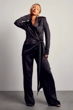 Satin Wrap Drape Detail Blazer -Ladies Clothing Shop black satin wrap drape detail blazer 3