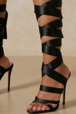 Satin Wrap Up Heels -Ladies Clothing Shop black satin wrap up heels 1