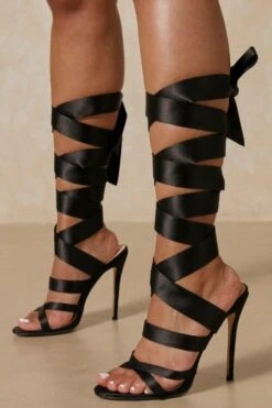 Satin Wrap Up Heels -Ladies Clothing Shop black satin wrap up heels 2