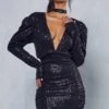 Sequin Shoulder Pad Tie Neck Mini Dress -Ladies Clothing Shop black sequin shoulder pad tie neck mini dress