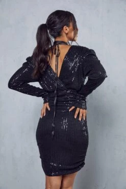 Sequin Shoulder Pad Tie Neck Mini Dress -Ladies Clothing Shop black sequin shoulder pad tie neck mini dress 2