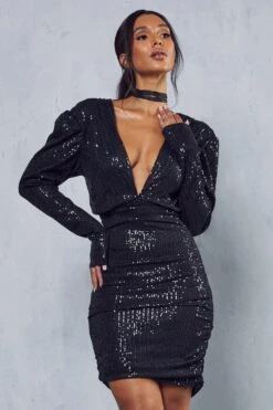 Sequin Shoulder Pad Tie Neck Mini Dress
