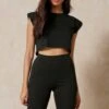 Shoulder Pad T-Shirt Shorts Set -Ladies Clothing Shop black shoulder pad t shirt shorts set