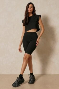 Shoulder Pad T-Shirt Shorts Set -Ladies Clothing Shop black shoulder pad t shirt shorts set 3