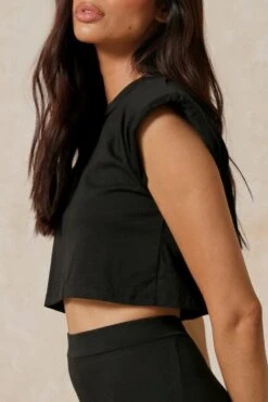 Shoulder Pad T-Shirt Shorts Set -Ladies Clothing Shop black shoulder pad t shirt shorts set 5