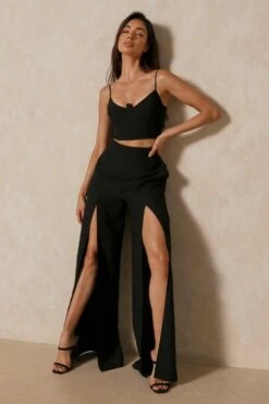 Split Front Wide Leg Trouser -Ladies Clothing Shop black split front wide leg trouser 3