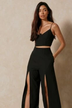 Split Front Wide Leg Trouser -Ladies Clothing Shop black split front wide leg trouser 4