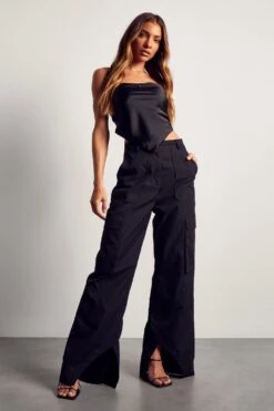 Split Hem Detail Straight Leg Cargo Trouser -Ladies Clothing Shop black split hem detail straight leg cargo trouser 3