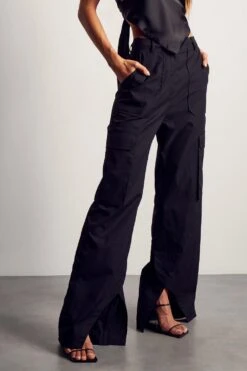 Split Hem Detail Straight Leg Cargo Trouser -Ladies Clothing Shop black split hem detail straight leg cargo trouser 4