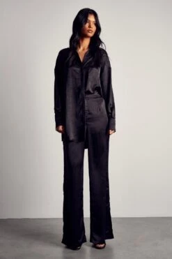 Textured Crinkle Satin Relaxed Trouser -Ladies Clothing Shop black textured crinkle satin relaxed trouser 3