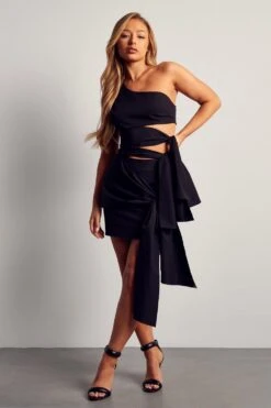 Tie Detail One Shoulder Dress -Ladies Clothing Shop black tie detail one shoulder dress 1