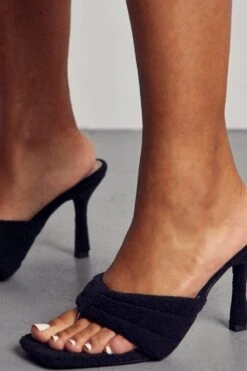 Towelling Padded Heeled Mules -Ladies Clothing Shop black towelling padded heeled mules 1