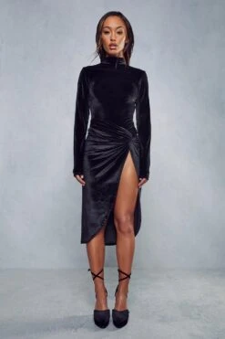 Velvet Knot Twist Detail Midi Skirt -Ladies Clothing Shop black velvet knot twist detail midi skirt 3