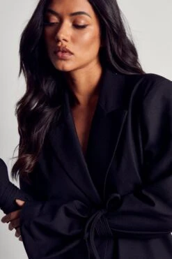 Woven Tie Sleeve Blazer -Ladies Clothing Shop black woven tie sleeve blazer 1