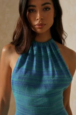 Contrast Knit Low Back Halterneck Mini Dress -Ladies Clothing Shop blue contrast knit low back halterneck mini dress 4