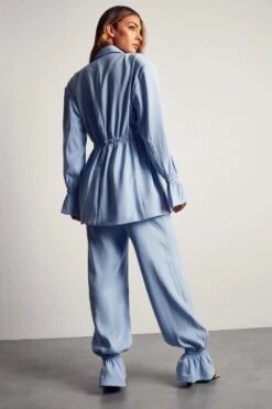 High Waisted Gathered Detail Trousers -Ladies Clothing Shop blue high waisted gathered detail trousers 2