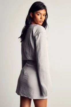 Linen Look Collarless Cropped Blazer -Ladies Clothing Shop blue linen look collarless cropped blazer 2