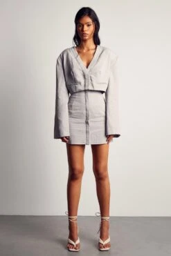 Linen Look Collarless Cropped Blazer -Ladies Clothing Shop blue linen look collarless cropped blazer 3