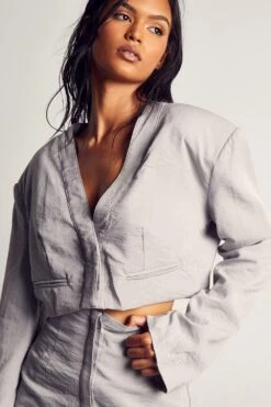 Linen Look Collarless Cropped Blazer -Ladies Clothing Shop blue linen look collarless cropped blazer 4