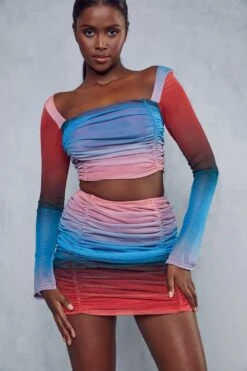 Recycled Ruched Mesh Ombre Top & Skirt Co-ord -Ladies Clothing Shop blue recycled ruched mesh ombre top skirt co ord 4