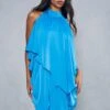 Satin Layered Diamante Chain Backless Cowl Mini Dress -Ladies Clothing Shop blue satin layered diamante chain backless cowl mini dress