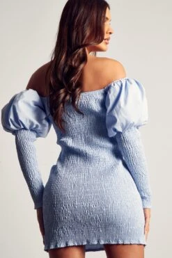 Shirred Bardot Puff Sleeve Mini Dress -Ladies Clothing Shop blue shirred bardot puff sleeve mini dress 2