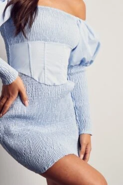 Shirred Bardot Puff Sleeve Mini Dress -Ladies Clothing Shop blue shirred bardot puff sleeve mini dress 4
