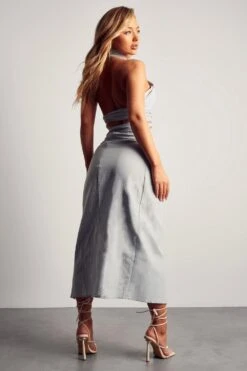 Textured Linen Look Knot Detail Midi Skirt -Ladies Clothing Shop blue textured linen look knot detail midi skirt 2