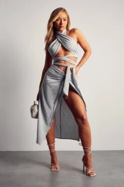 Textured Linen Look Knot Detail Midi Skirt -Ladies Clothing Shop blue textured linen look knot detail midi skirt 3