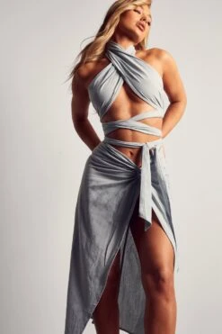 Textured Linen Look Knot Detail Midi Skirt -Ladies Clothing Shop blue textured linen look knot detail midi skirt 4