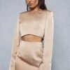Premium Satin Shoulder Pad Split Skirt Co-ord -Ladies Clothing Shop bronze premium satin shoulder pad split skirt co ord