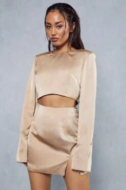 Premium Satin Shoulder Pad Split Skirt Co-ord