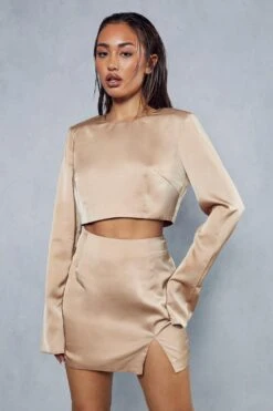 Premium Satin Shoulder Pad Split Skirt Co-ord -Ladies Clothing Shop bronze premium satin shoulder pad split skirt co ord 4