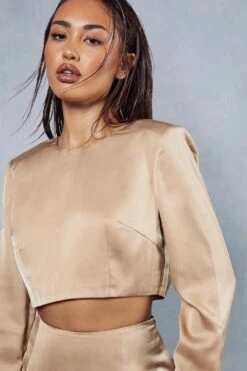 Premium Satin Shoulder Pad Split Skirt Co-ord -Ladies Clothing Shop bronze premium satin shoulder pad split skirt co ord 5